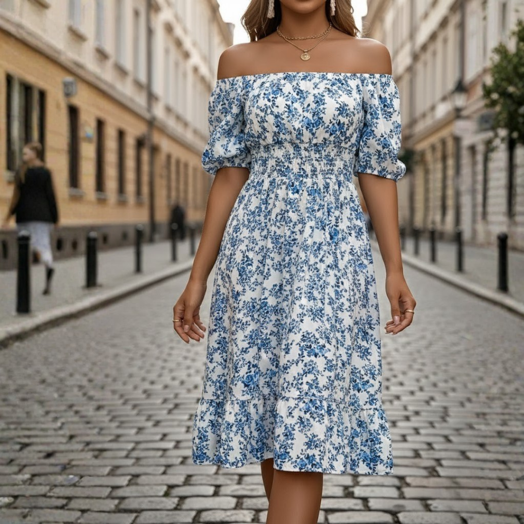 Women Floral Dress Square Neck Short Sleeve High Waist