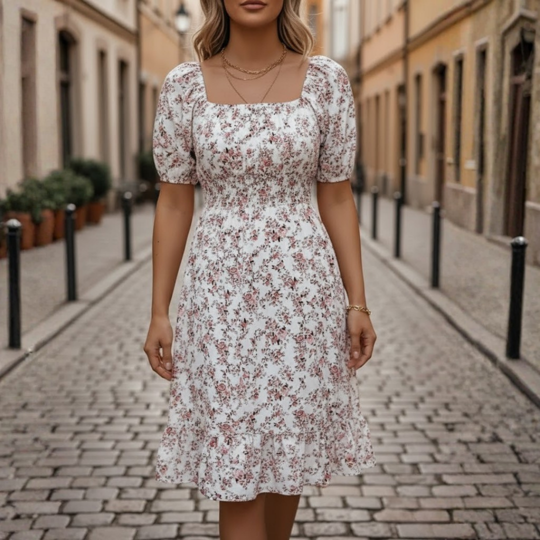 Women Floral Dress Square Neck Short Sleeve High Waist