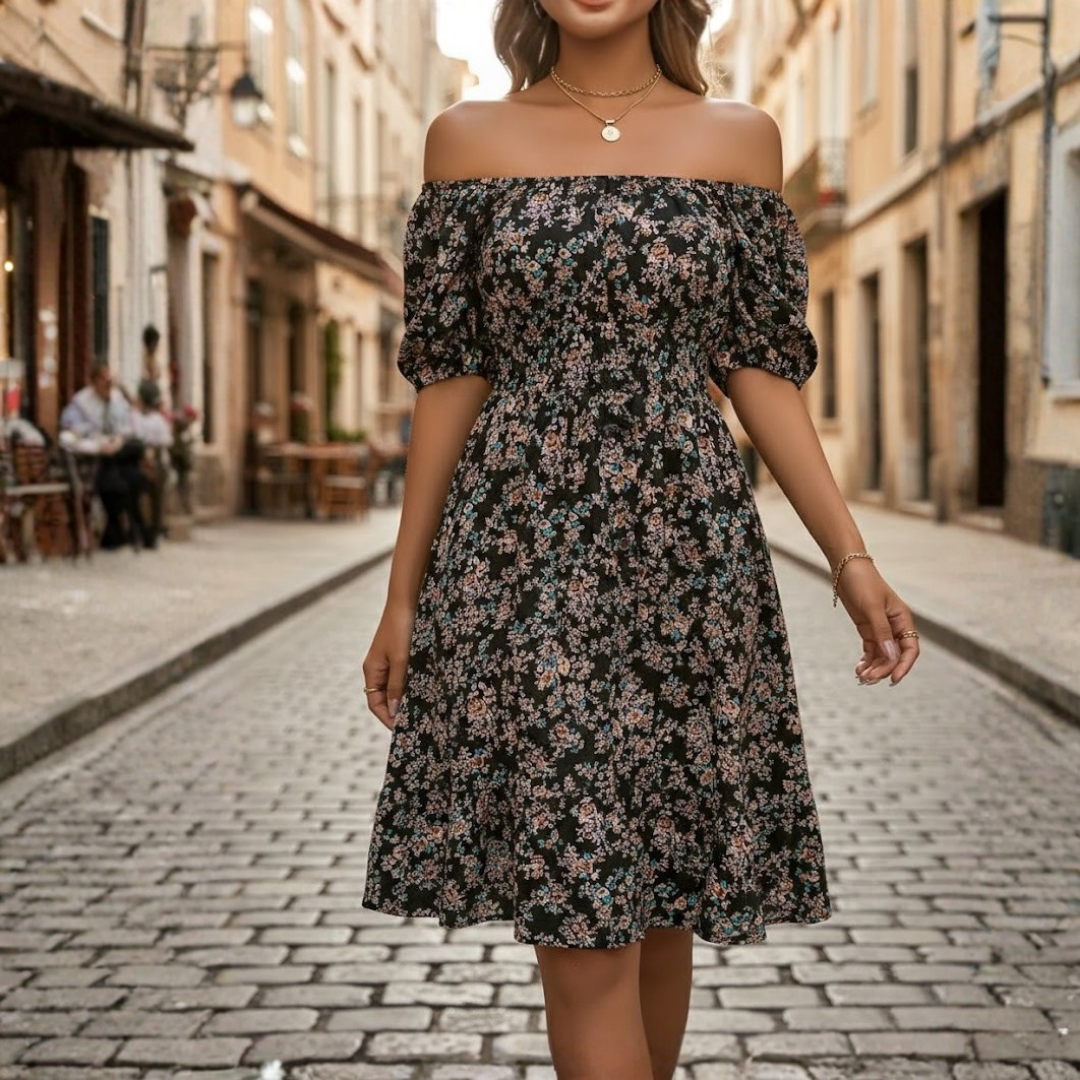 Women Floral Dress Square Neck Short Sleeve High Waist