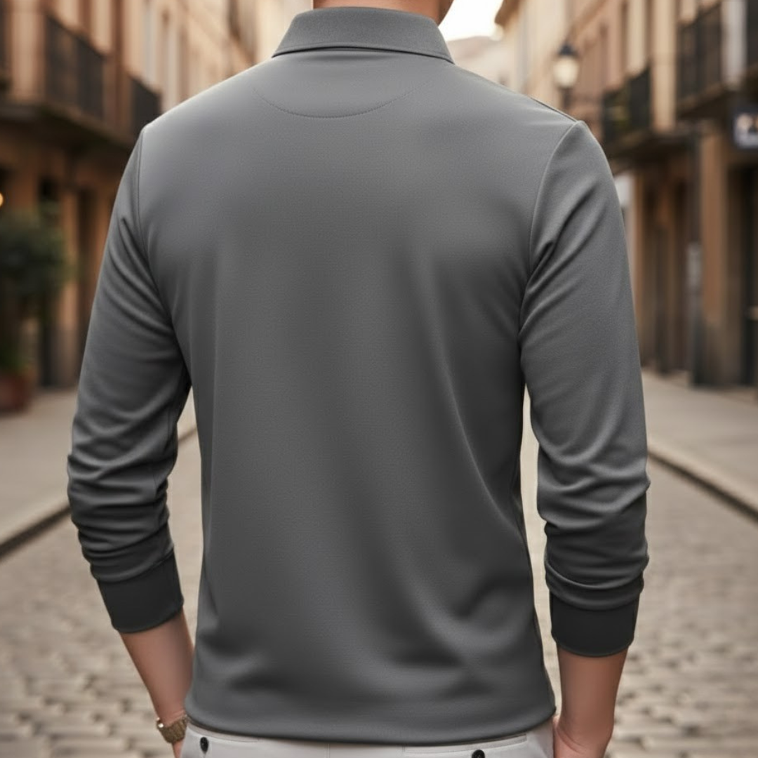 Men Business Casual Long Sleeve Polo Shirt Solid Color