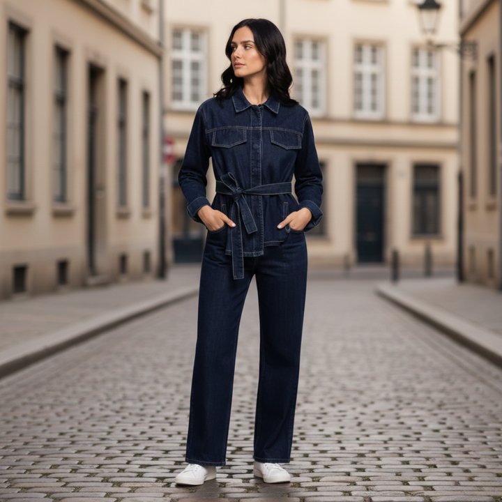 Denim Set Button Front Jacket Straight Leg Jeans Womens Navy Blue