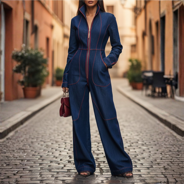 Combinaison en jean manches longues fermeture éclair devant jambes larges femme bleu