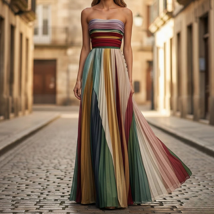 Women Strapless Pleated Dress Polyester Blend Summer