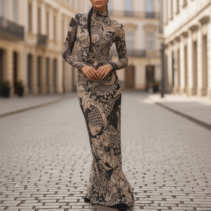 Vestido largo para mujer con cuello alto simulado y diseño en tono canela