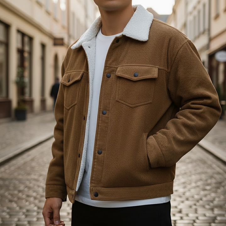 Men Corduroy Jacket Button Front Turn Down Collar