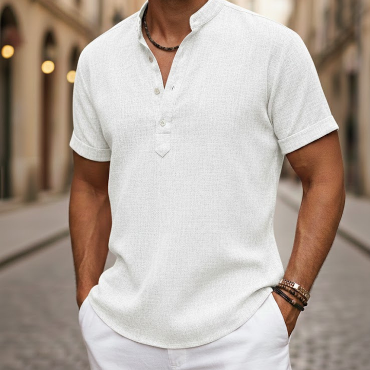 Men Linen Blend Short Sleeve Shirt Henley Collar