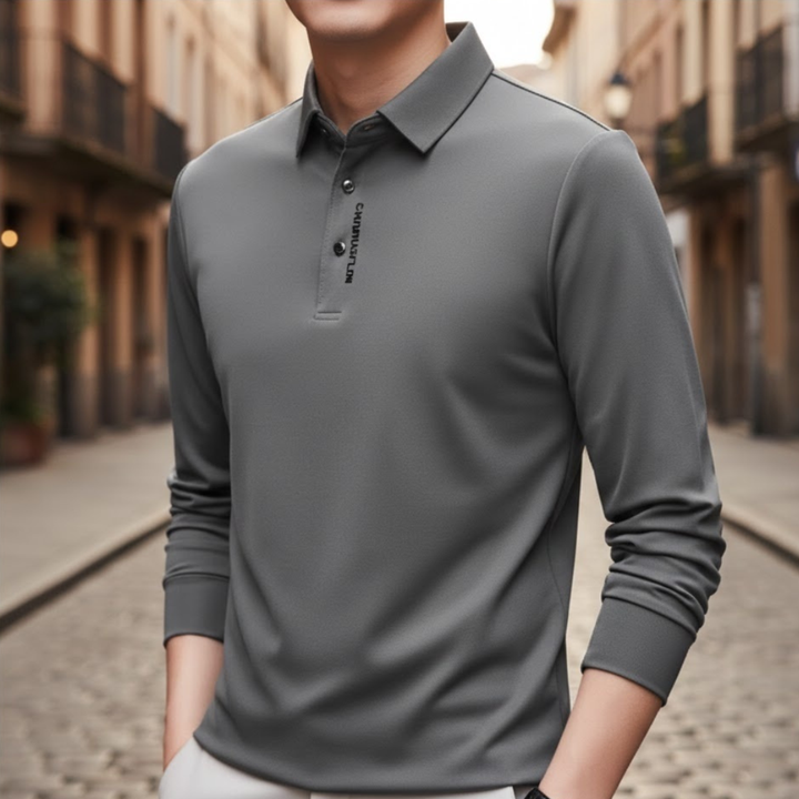 Men Business Casual Long Sleeve Polo Shirt Solid Color