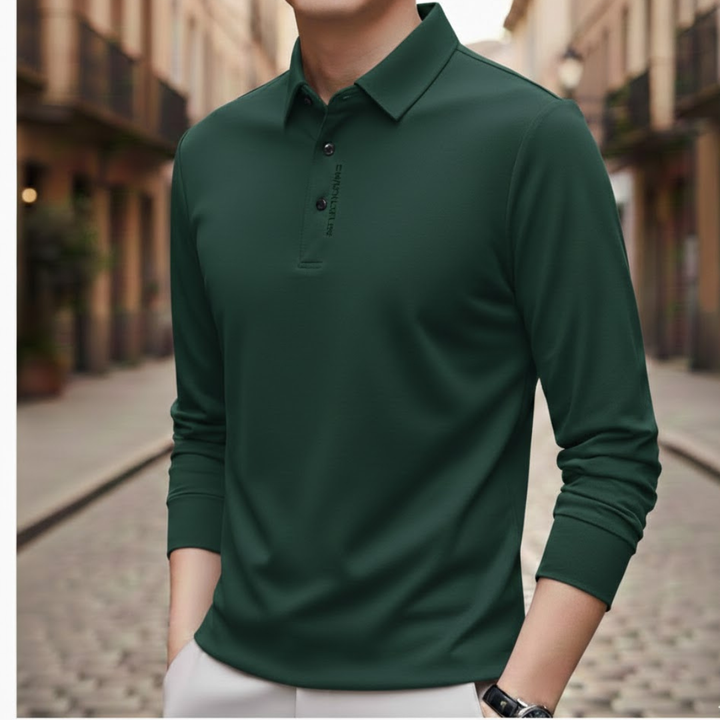 Men Business Casual Long Sleeve Polo Shirt Solid Color