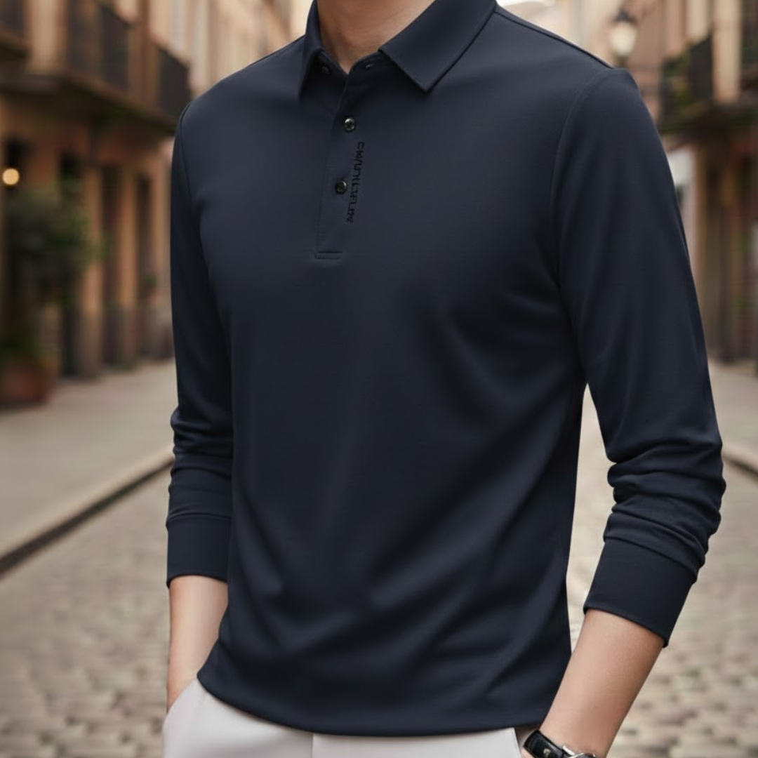 Men Business Casual Long Sleeve Polo Shirt Solid Color