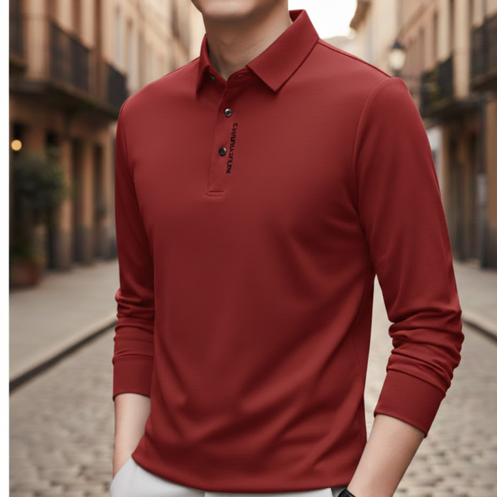 Men Business Casual Long Sleeve Polo Shirt Solid Color