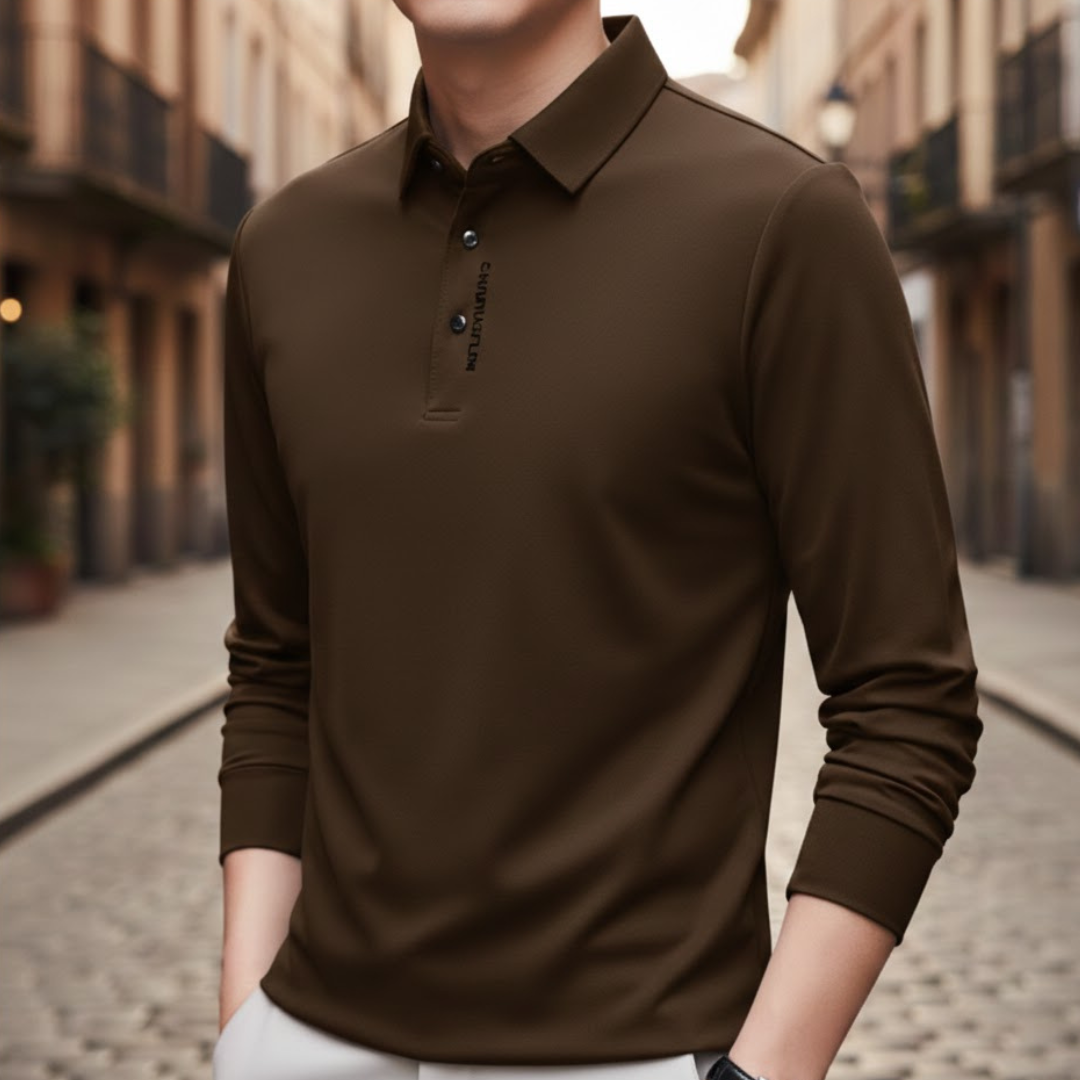 Men Business Casual Long Sleeve Polo Shirt Solid Color
