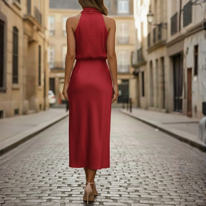 Women Midi Dress High Neck Sleeveless Cotton Blend