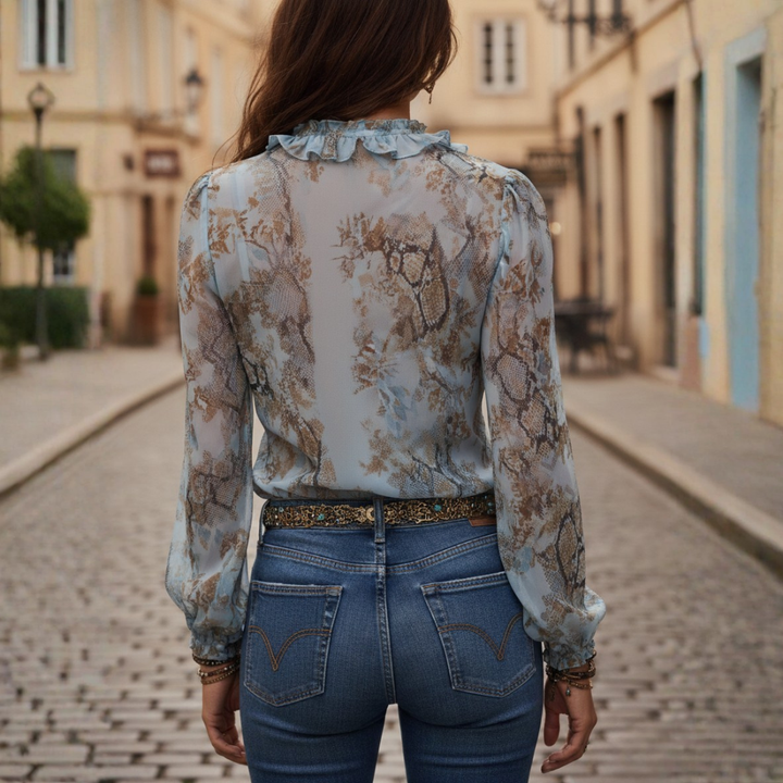 Chiffon Blouse Ruffled Zip Front Long Sleeve Blue Printed Women