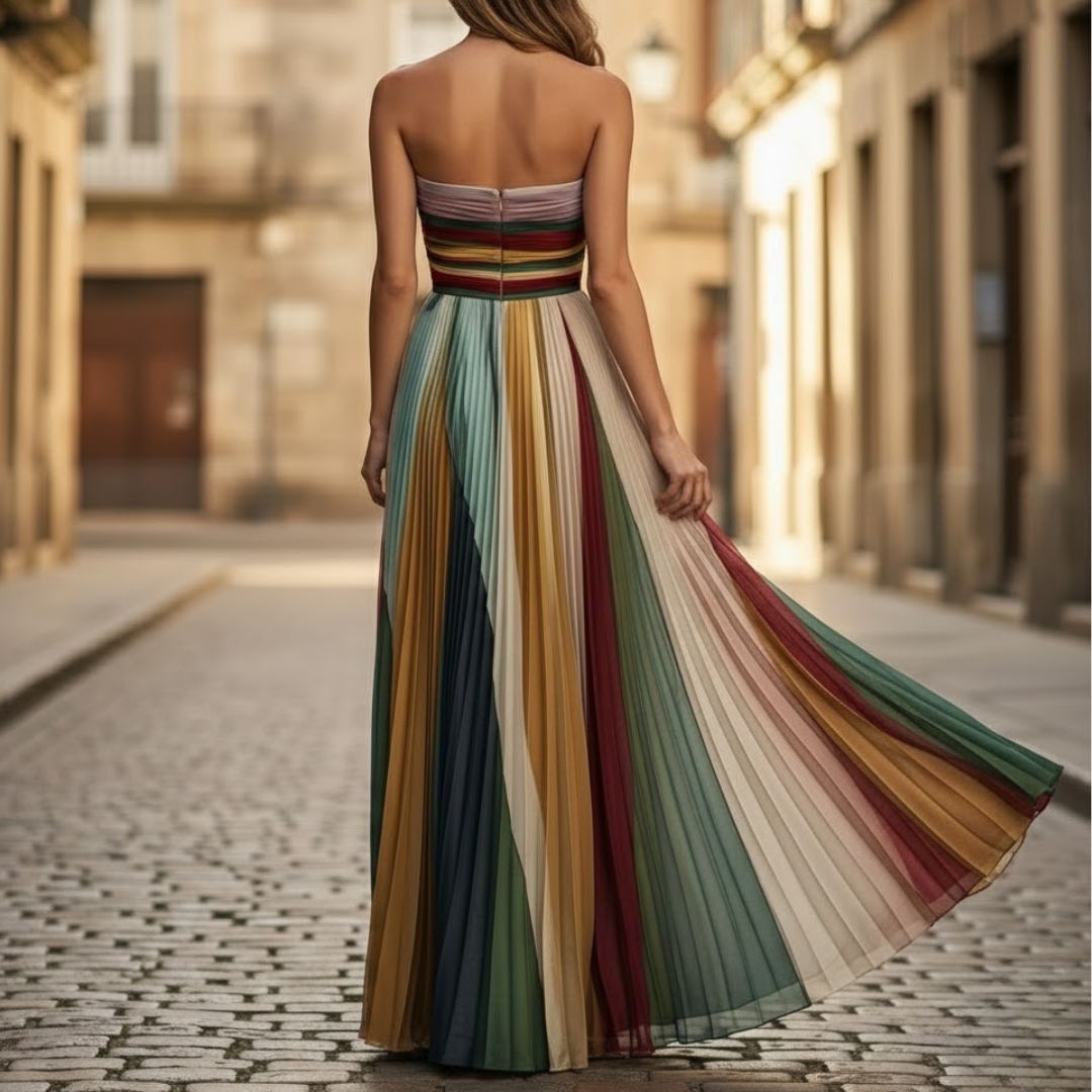 Women Strapless Pleated Dress Polyester Blend Summer