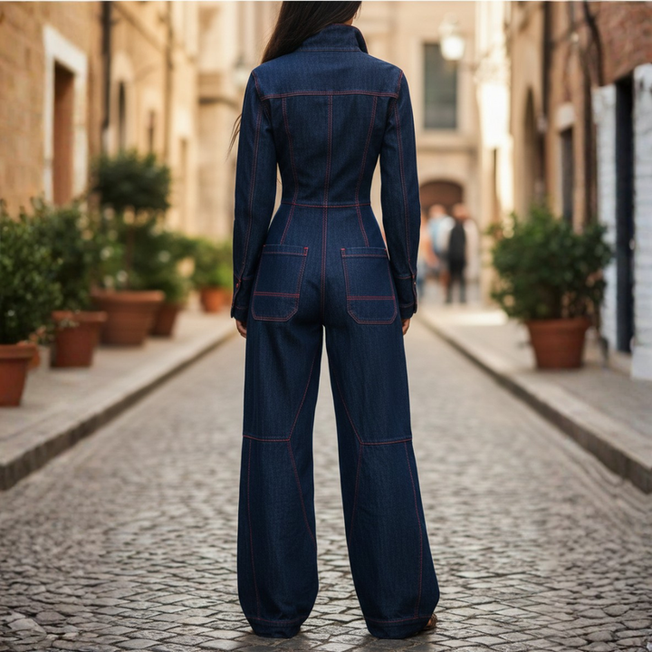 Combinaison en jean manches longues fermeture éclair devant jambes larges femme bleu