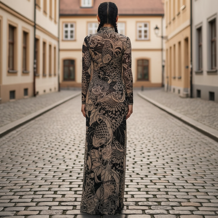 Vestido largo para mujer con cuello alto simulado y diseño en tono canela