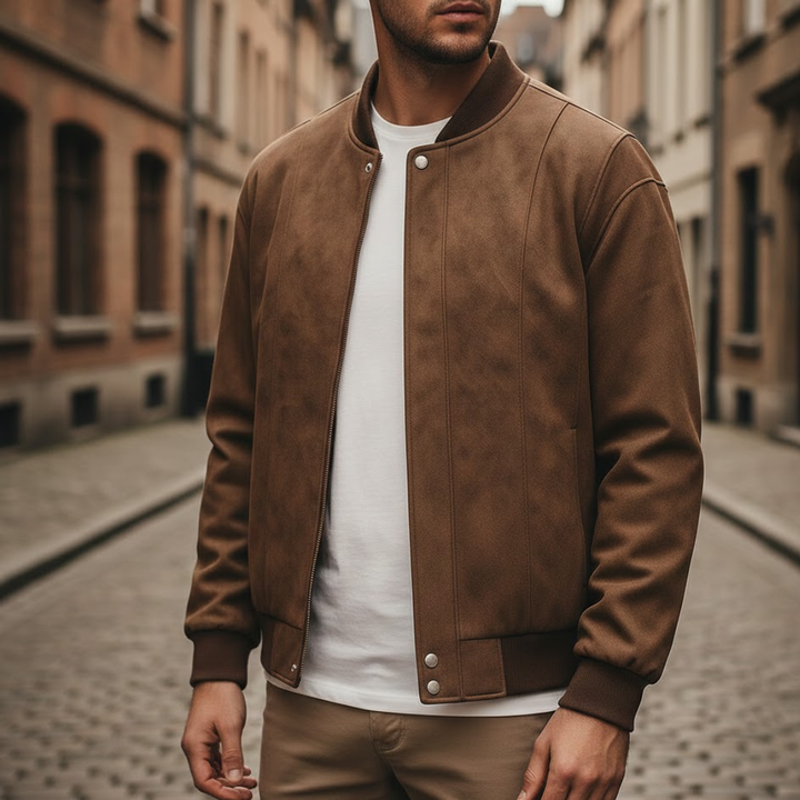 Men Vegan Suede Bomber Jacket Ribbed Collar Zipper