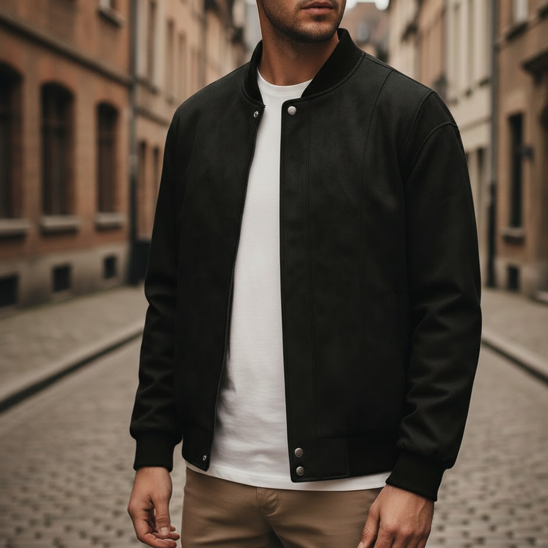 Men Vegan Suede Bomber Jacket Ribbed Collar Zipper