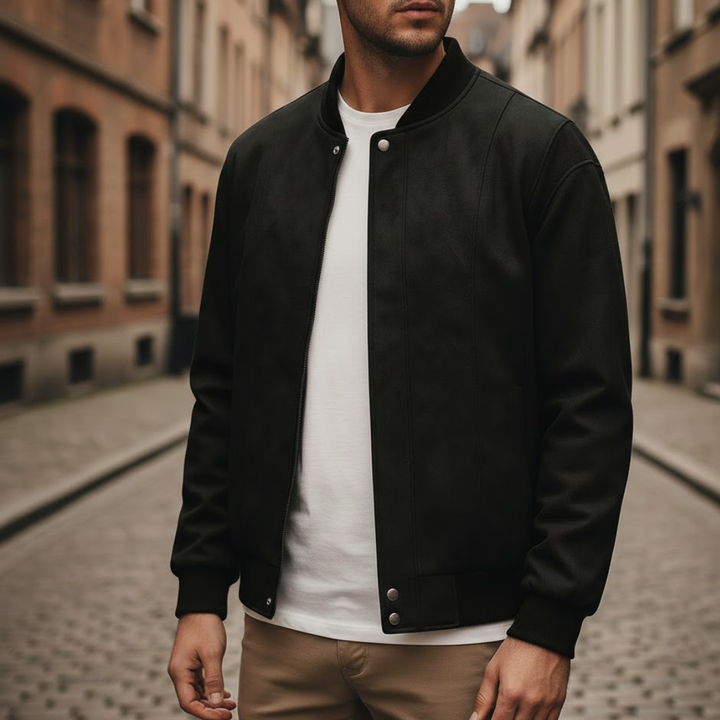 Men Vegan Suede Bomber Jacket Ribbed Collar Zipper