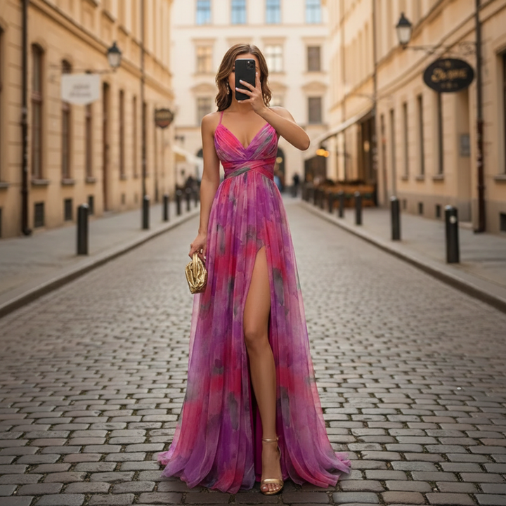 Robe de soirée longue à imprimé floral en tulle sans manches pour femmes