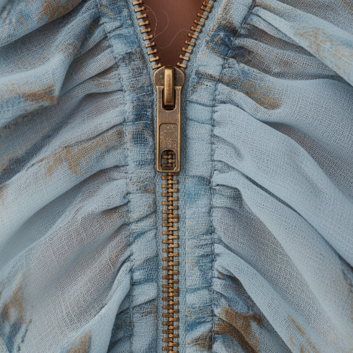 Chiffon Blouse Ruffled Zip Front Long Sleeve Blue Printed Women