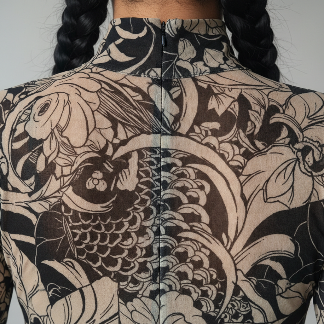 Vestido largo para mujer con cuello alto simulado y diseño en tono canela