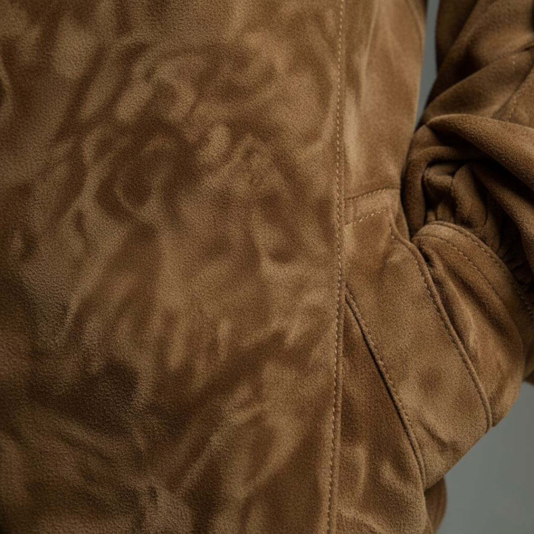 Vestido corto de ante con cuello alto, manga larga y corte amplio para mujer, color marrón