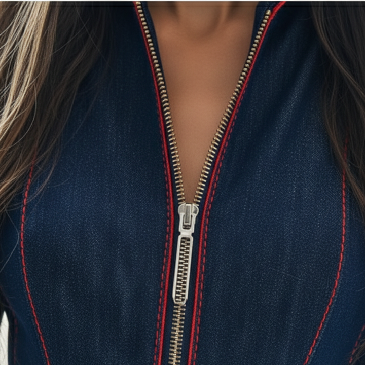 Combinaison en jean manches longues fermeture éclair devant jambes larges femme bleu