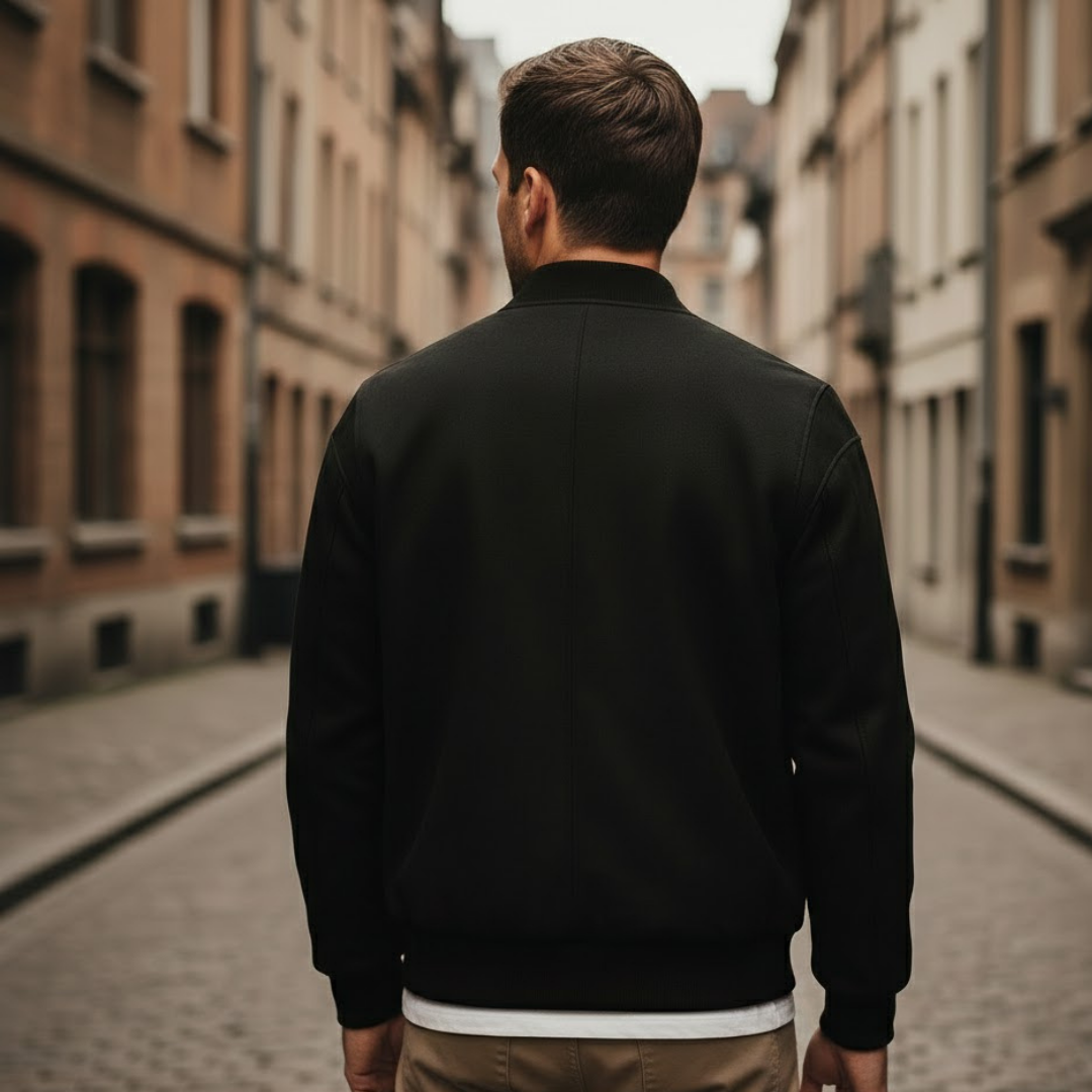 Men Vegan Suede Bomber Jacket Ribbed Collar Zipper