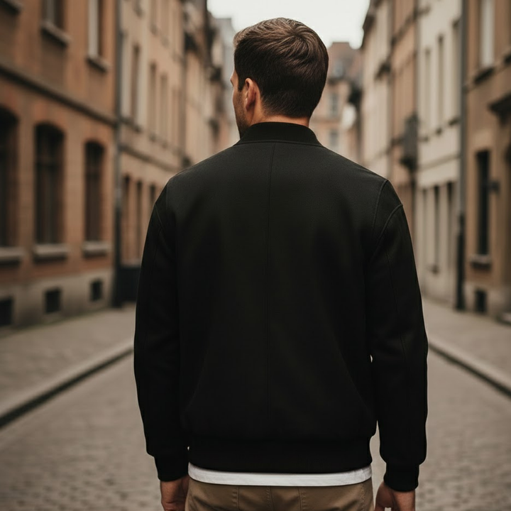 Men Vegan Suede Bomber Jacket Ribbed Collar Zipper