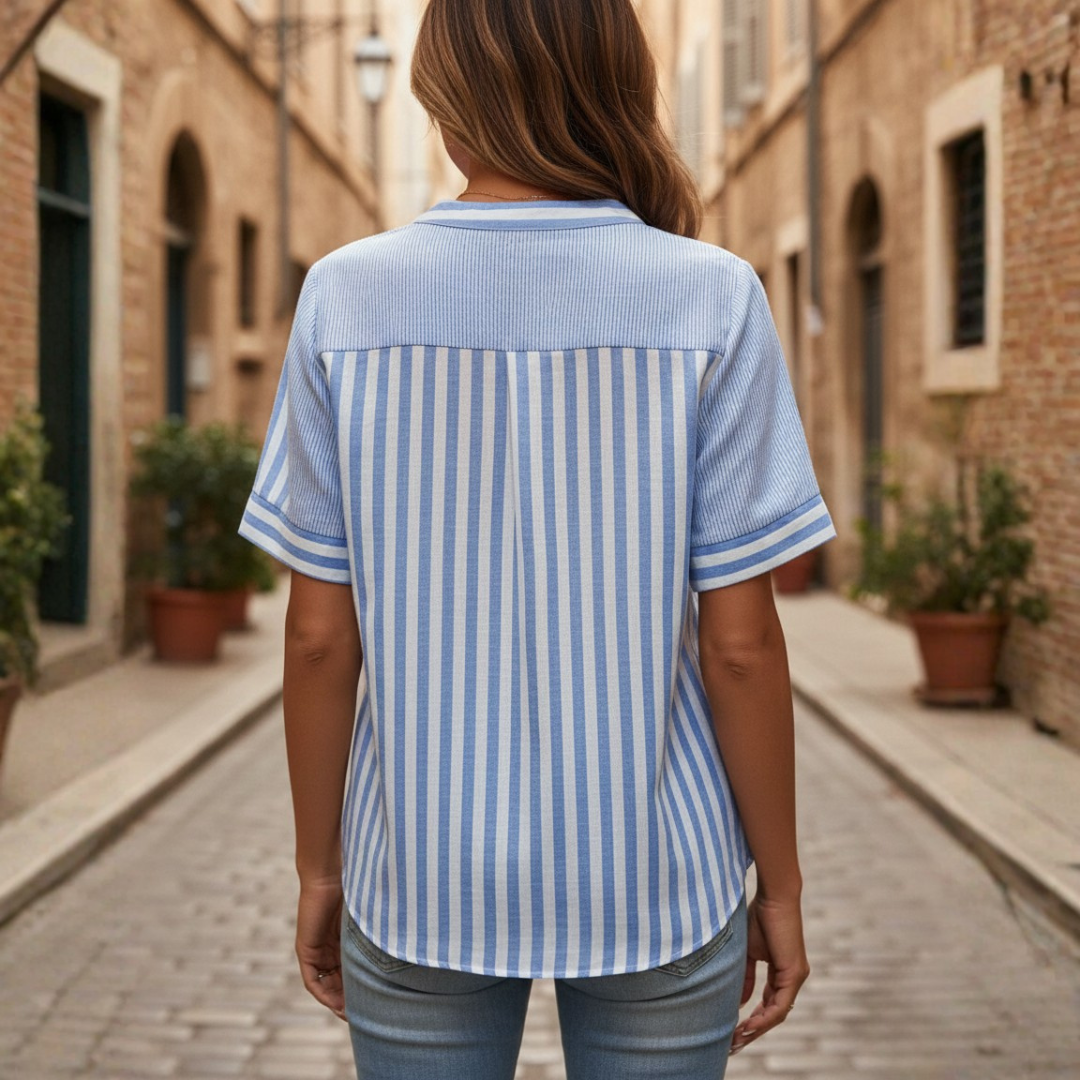 Henley Blouse Striped Short Sleeve Asymmetrical Womens