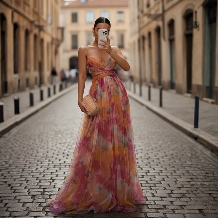 Robe de soirée longue à imprimé floral en tulle sans manches pour femmes