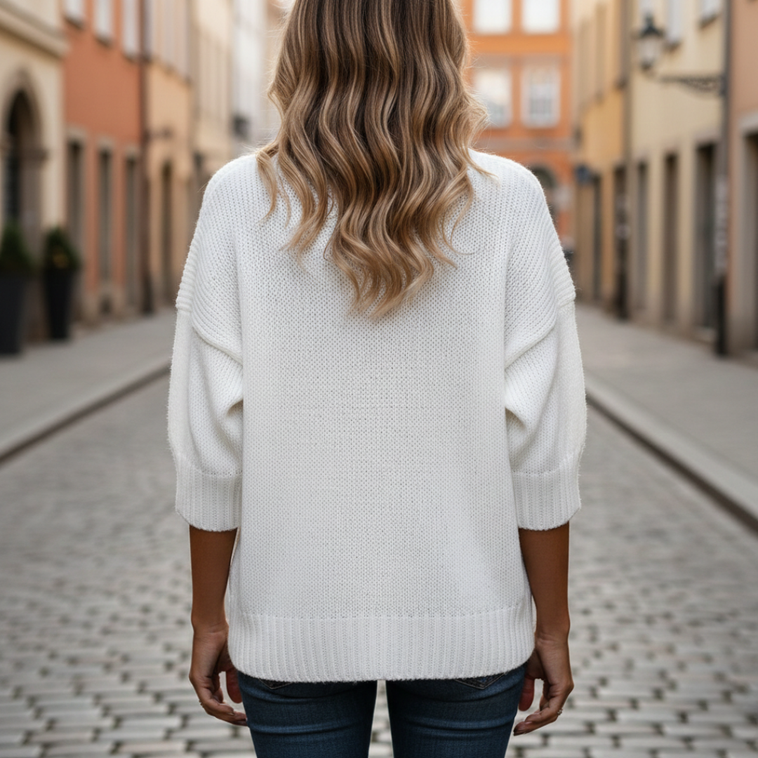 Pull à col en V en maille côtelée à manches longues pour femmes