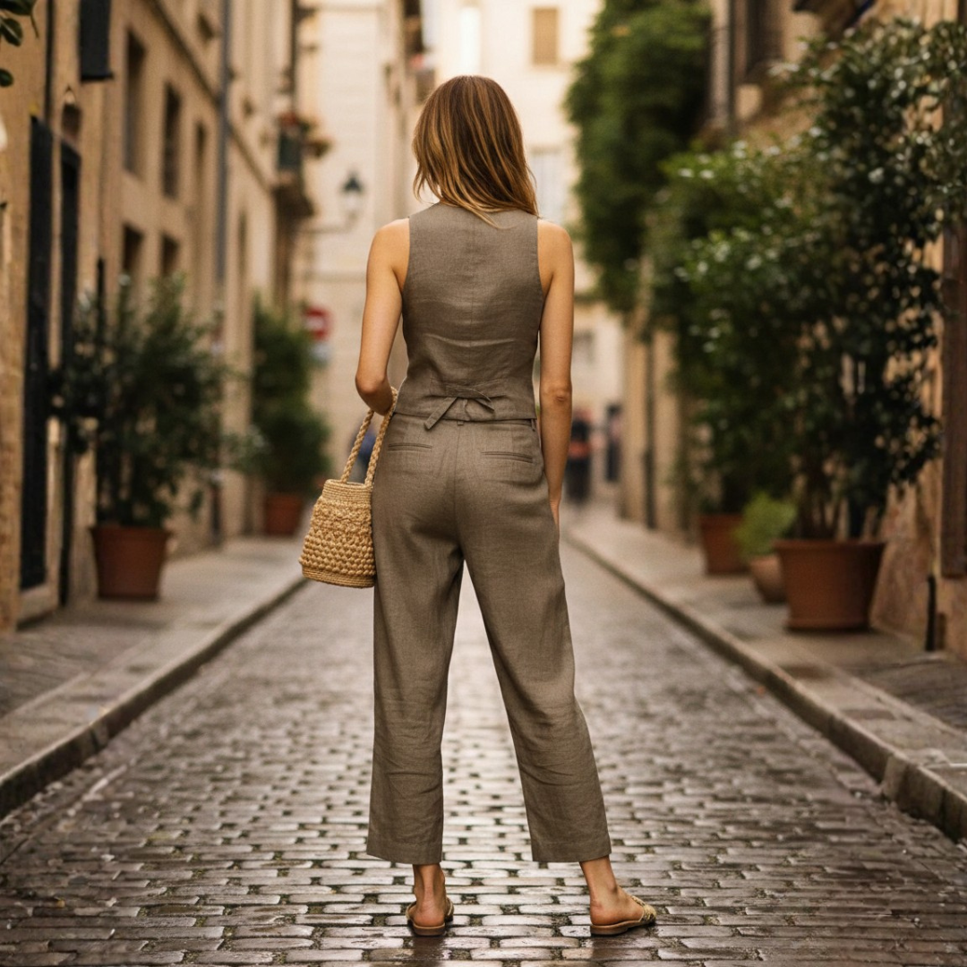 Ensemble deux pièces gilet et pantalon fuselé à boutons devant pour femmes