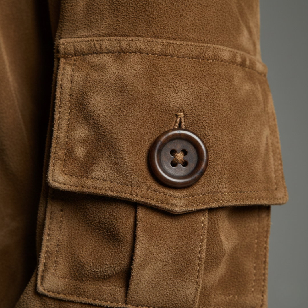 Vestido corto de ante con cuello alto, manga larga y corte amplio para mujer, color marrón