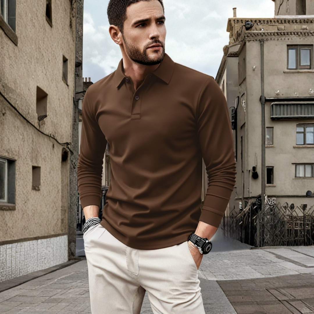 Mens long sleeve polo shirt solid color loose fit polyester fabric