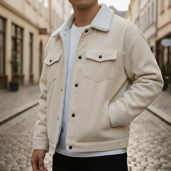 Men Corduroy Jacket Button Front Turn Down Collar