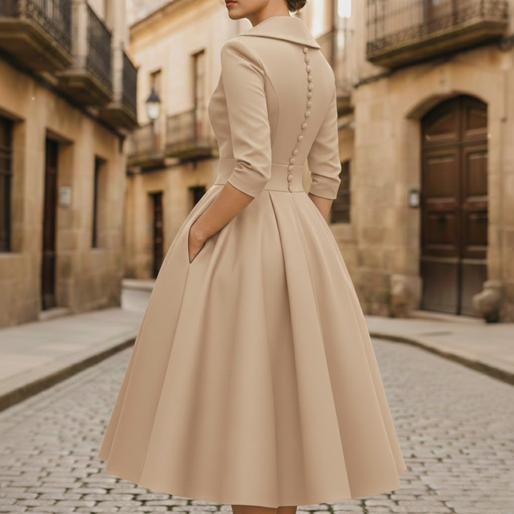 Vestido Midi Elegante con Escote en V y Manga Tres Cuartos