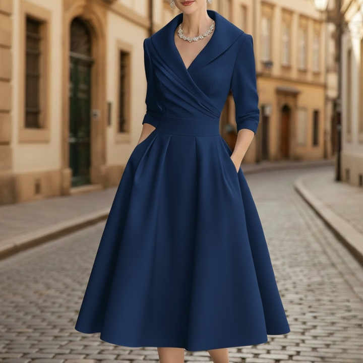 Vestido Midi Elegante con Escote en V y Manga Tres Cuartos