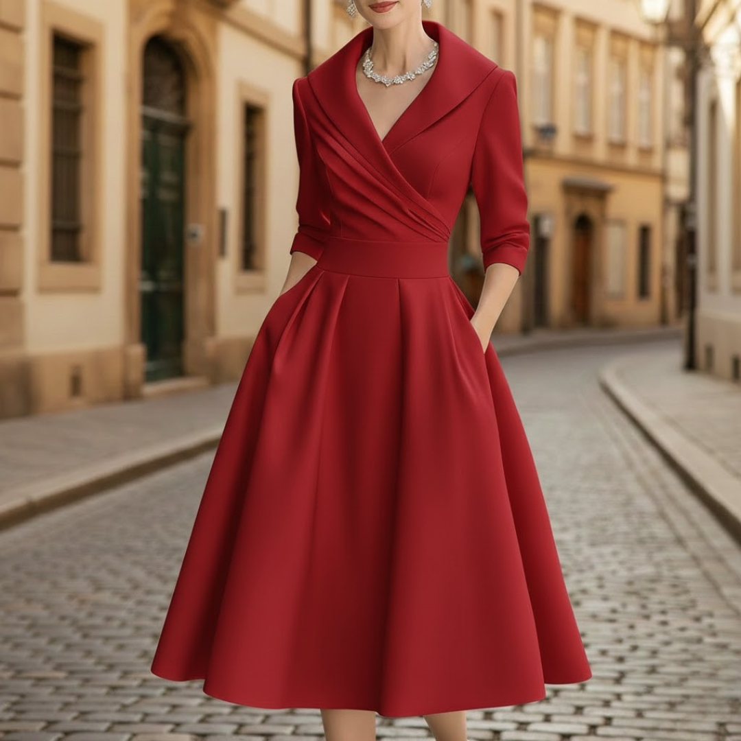 Vestido Midi Elegante con Escote en V y Manga Tres Cuartos