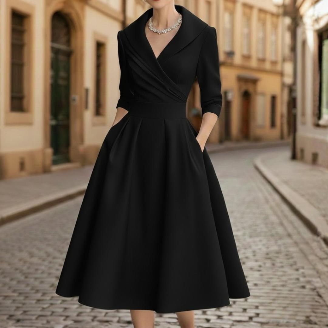 Vestido Midi Elegante con Escote en V y Manga Tres Cuartos