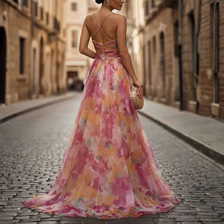 Robe de soirée longue à imprimé floral en tulle sans manches pour femmes