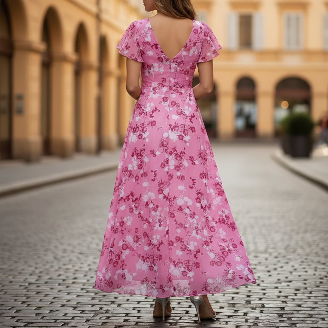 Robe longue à manches courtes fleurie pour femme