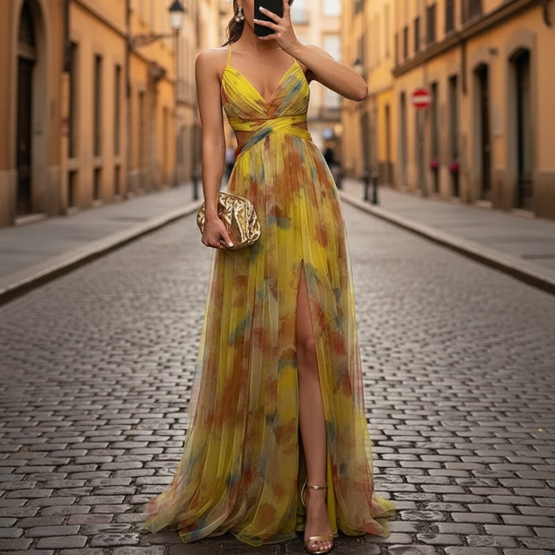 Robe de soirée longue à imprimé floral en tulle sans manches pour femmes