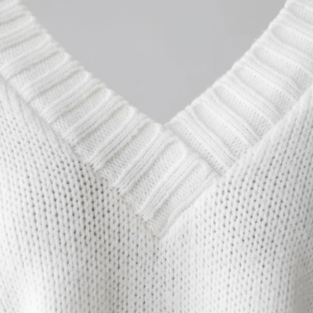 Pull à col en V en maille côtelée à manches longues pour femmes