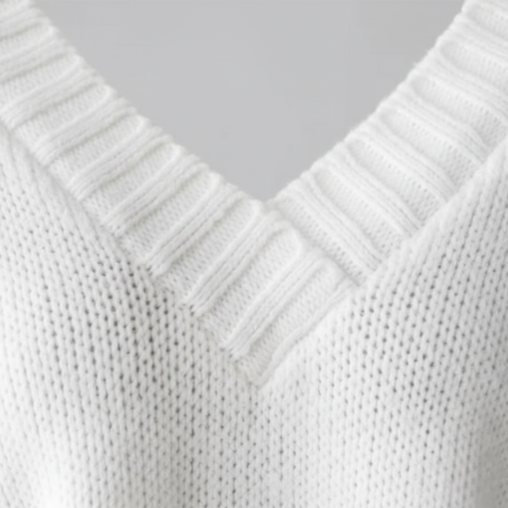 Pull à col en V en maille côtelée à manches longues pour femmes