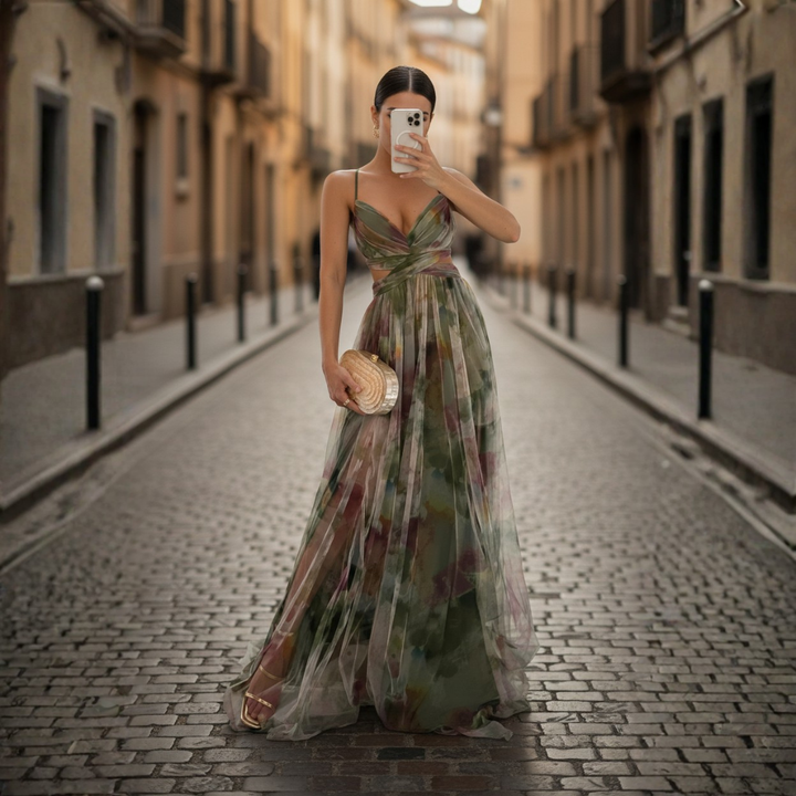 Robe de soirée longue à imprimé floral en tulle sans manches pour femmes