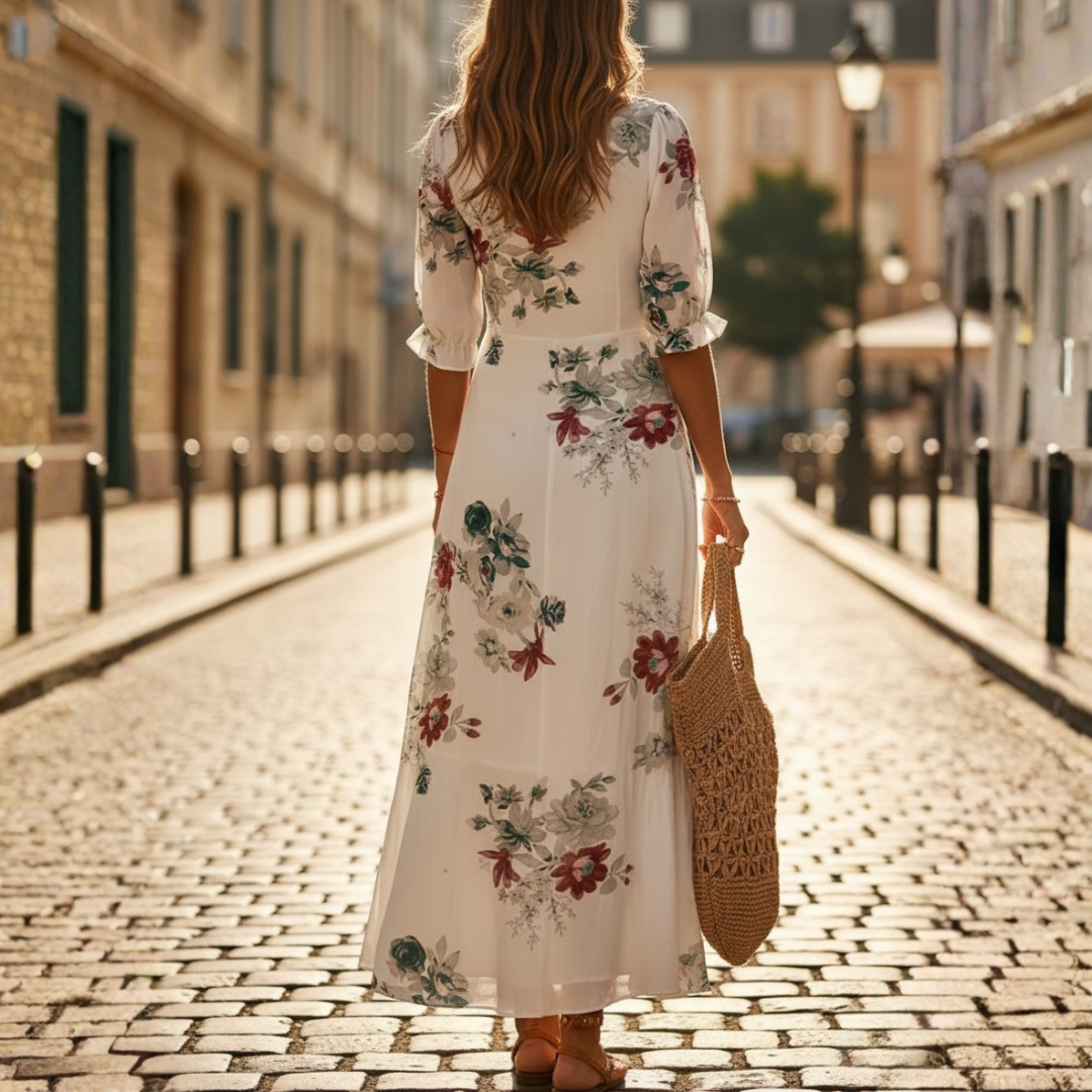 Robe longue à manches courtes bohème géométrique pour femme