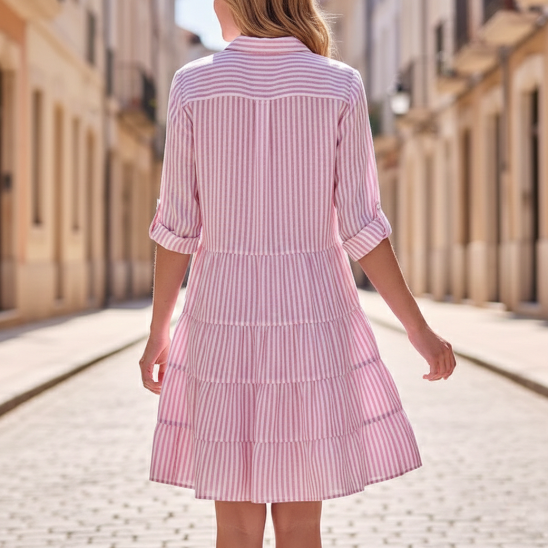 Robe-chemise à volants avec boutons sur le devant rayée pour femme