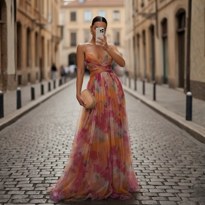 Robe de soirée longue à imprimé floral en tulle sans manches pour femmes